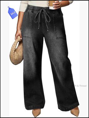 Plus Size High Waisted Wide Leg Jeans Stretchy Drawstring Denim Pants 1X-5X